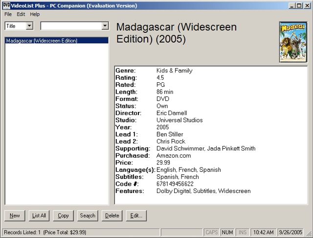VideoList Plus - DVD inventory database for PC, Palm, PocketPC
